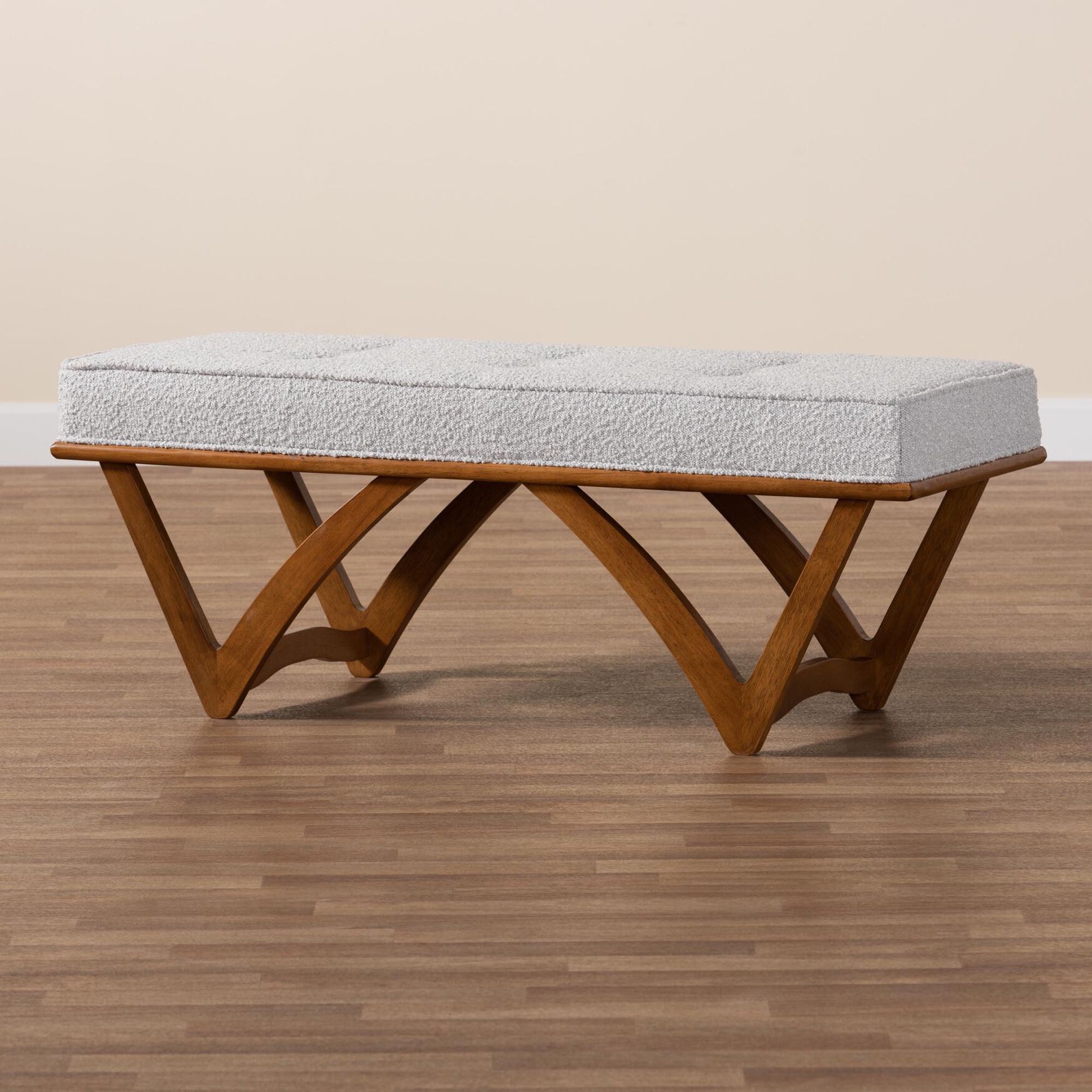 Chenoa Japandi Cream Boucle Fabric And Walnut Brown Finished Wood Bench, , alternate image number 11