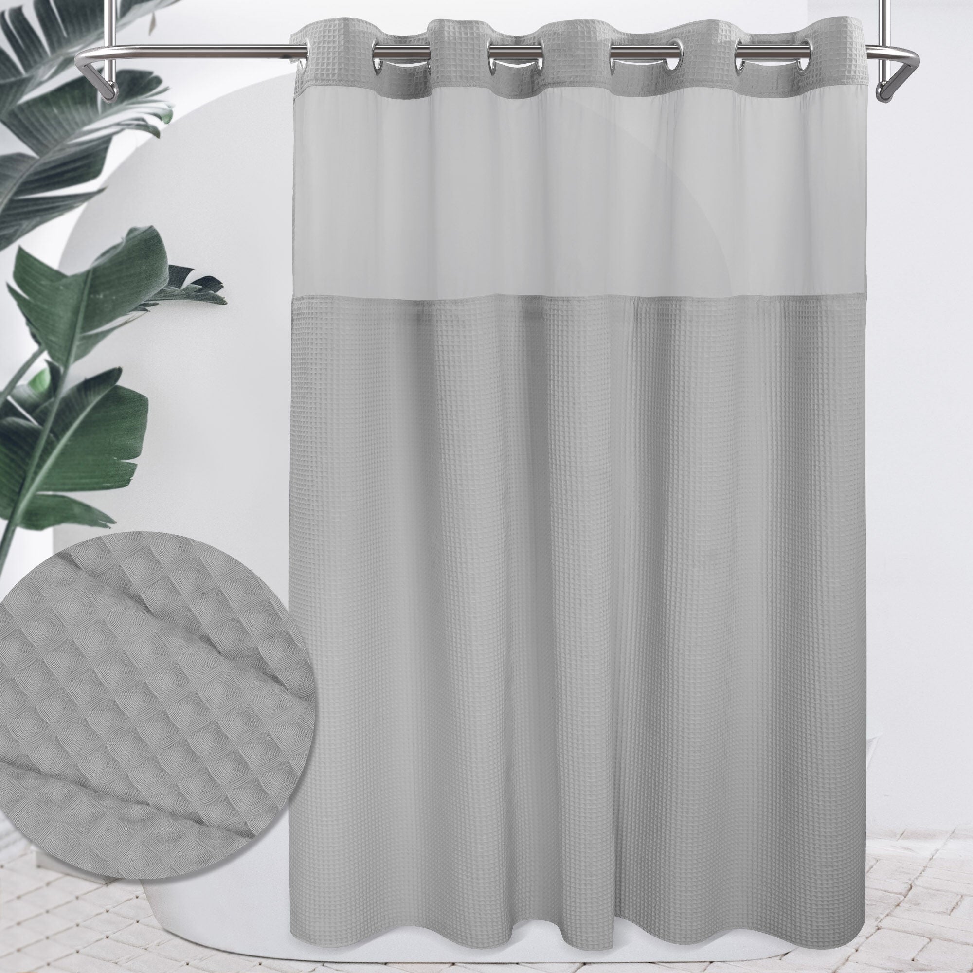 No Hook Cotton Blend Honeycomb Waffle Shower Curtain with Snap-in Liner, GREY, hi-res image number 0