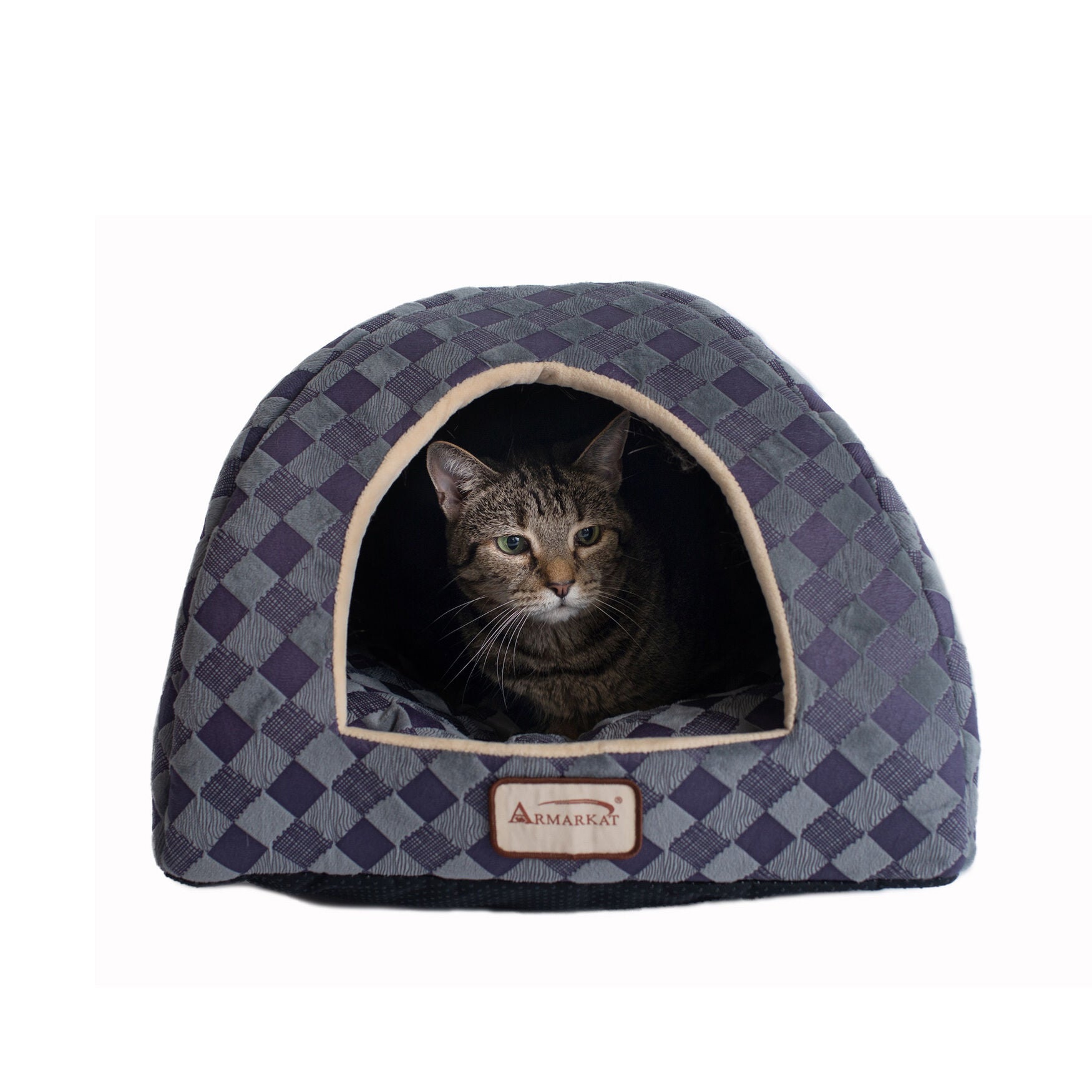 Purple Gray Checkered Cat Dog Bed, PURPLE, hi-res image number 0