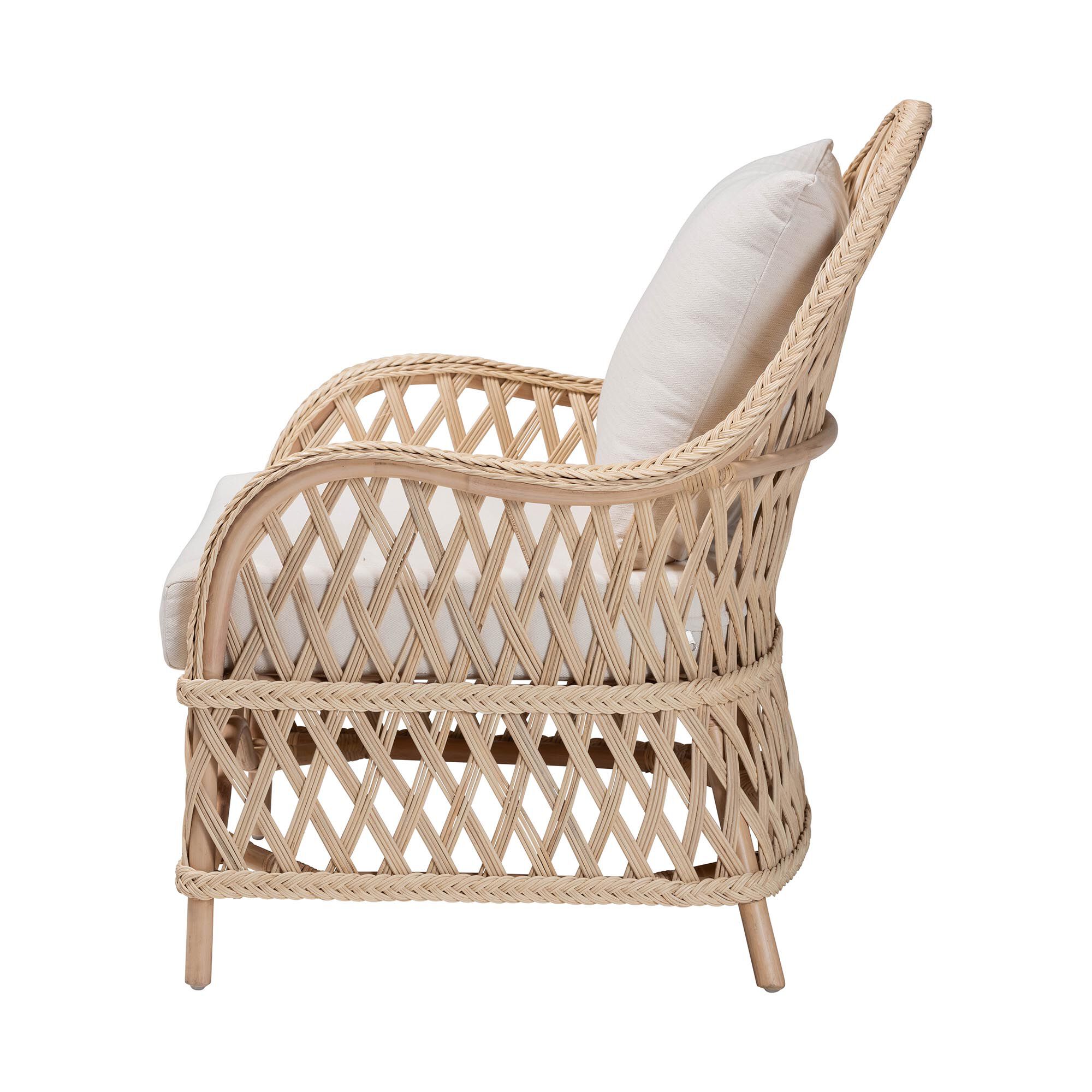 Side view of ivory braided rattan arm chair showing lattice sides