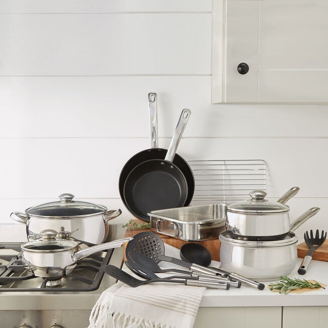 18-Pc. Belly Shaped 18/10 Stainless Steel Cookware Set, STAINLESS, hi-res image number null
