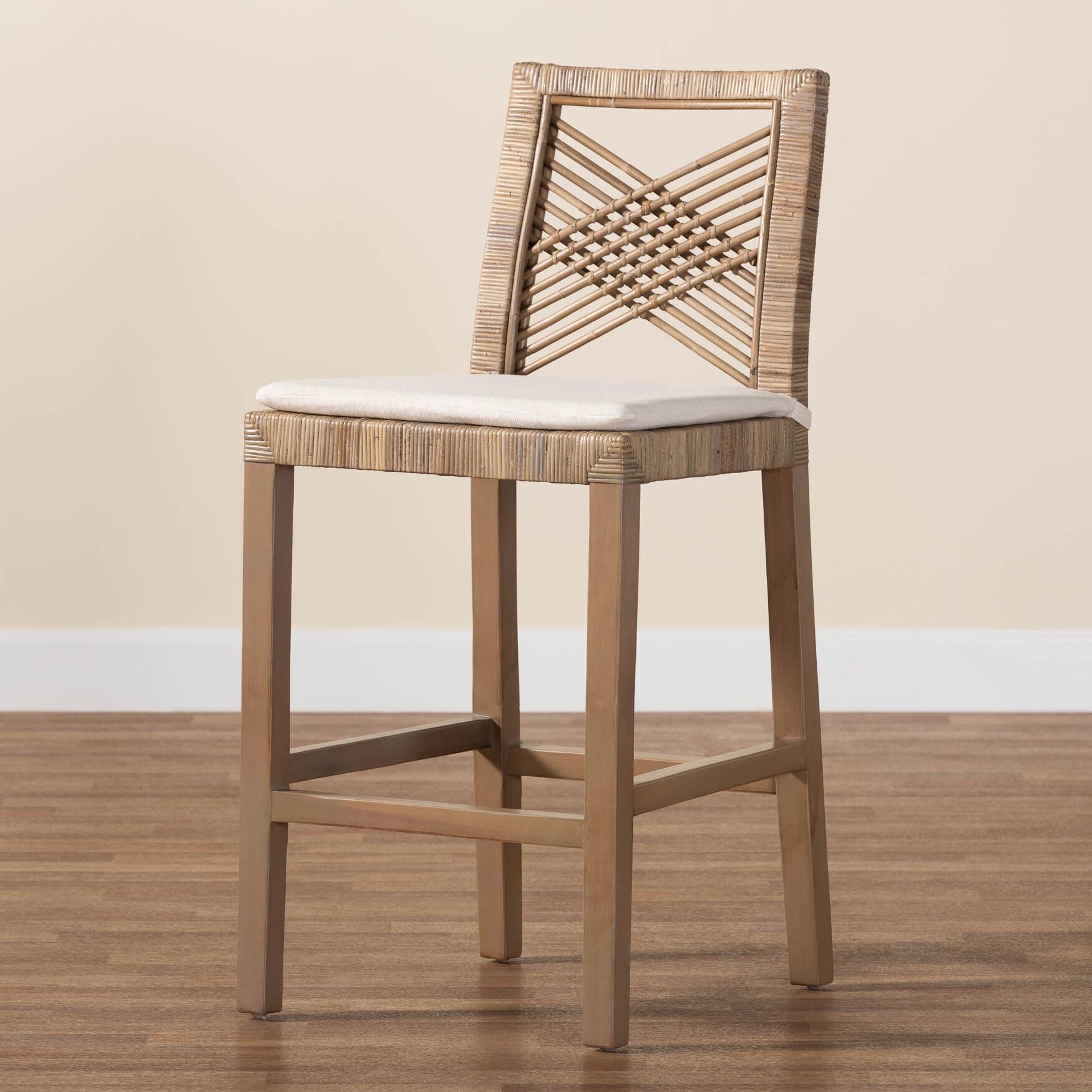 Poltak Modern Bohemian Grey Natural Kubu Rattan And Mahogany Wood Counter Stool, , alternate image number 7