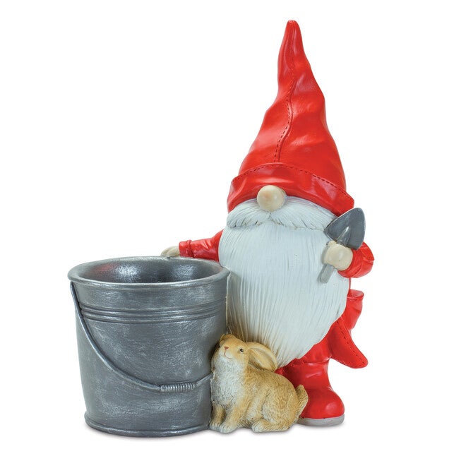 Raincoat Garden Gnome Statue With Bucket Planter 24.75 inchesH, RED, hi-res image number 0