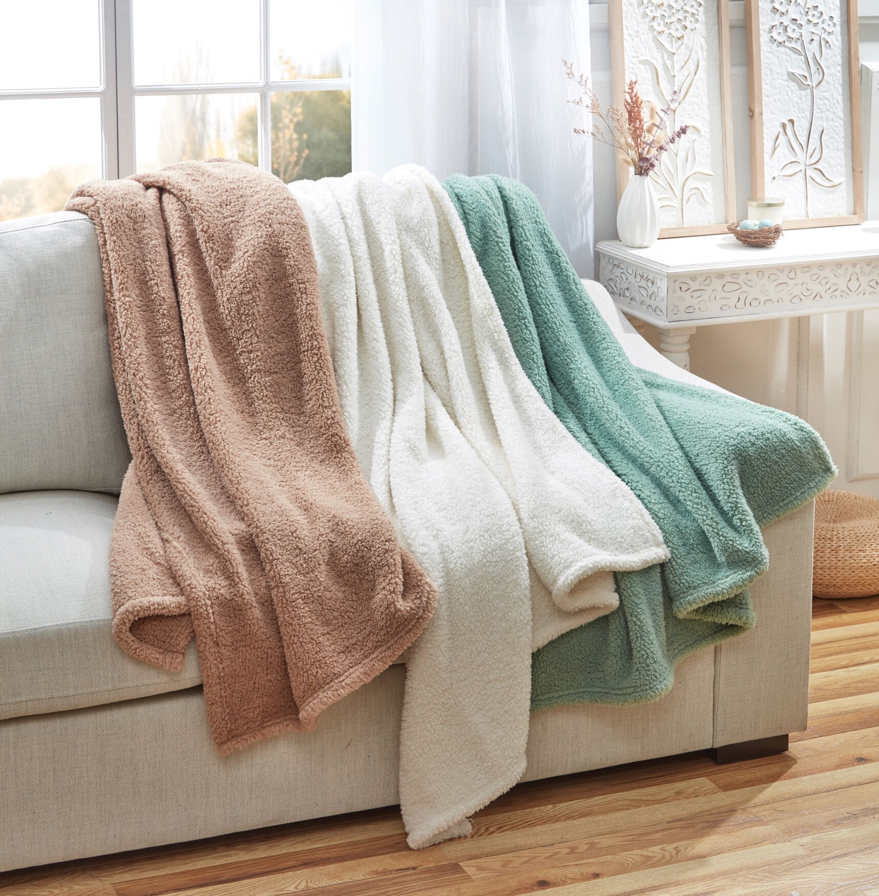 HGTV Butter Sherpa Faux Fur Throw, , on-hover image number 1