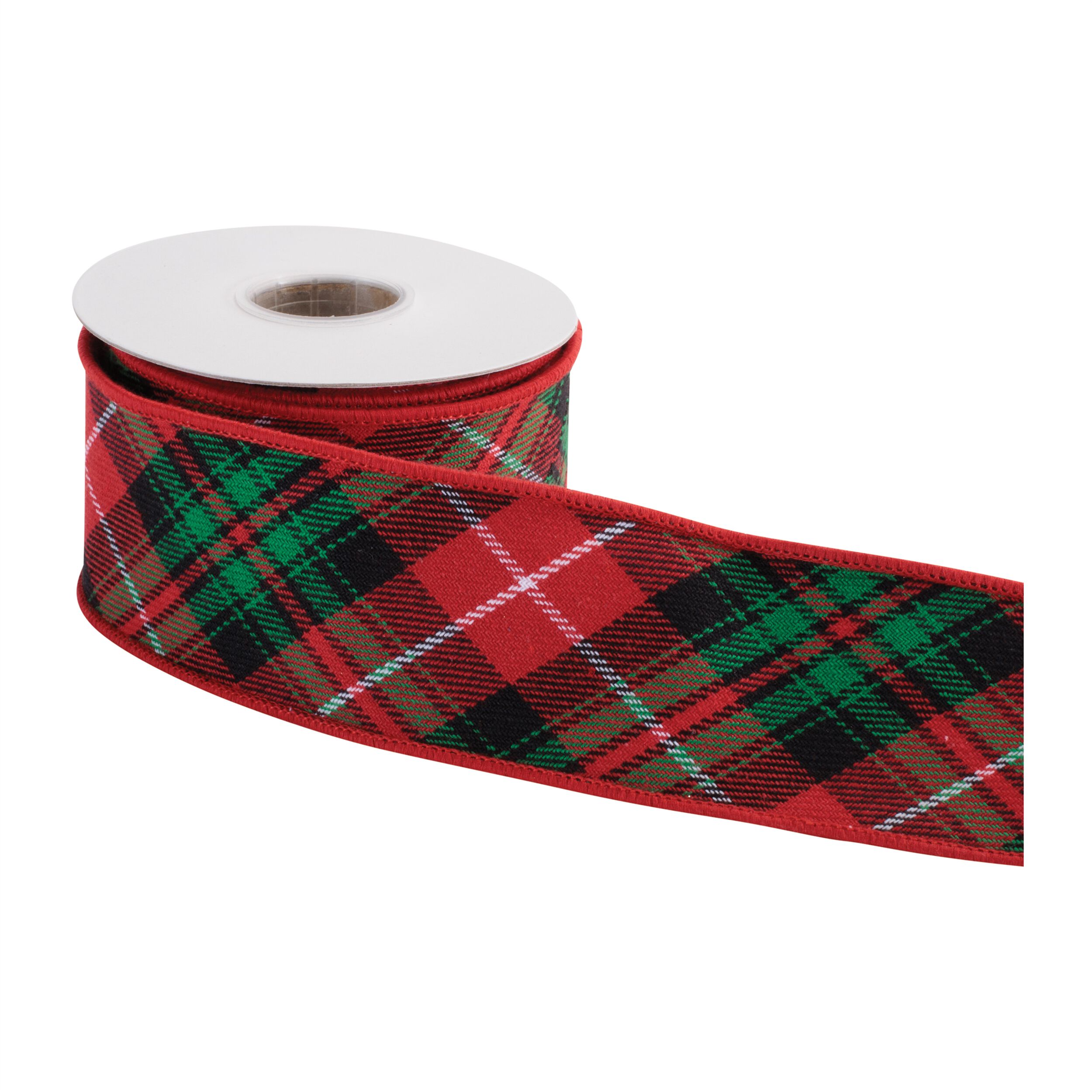 Tartan Plaid Wired Cotton Ribbon 2.5 inches x 5 Yds., GREEN RED, alternate image number 1