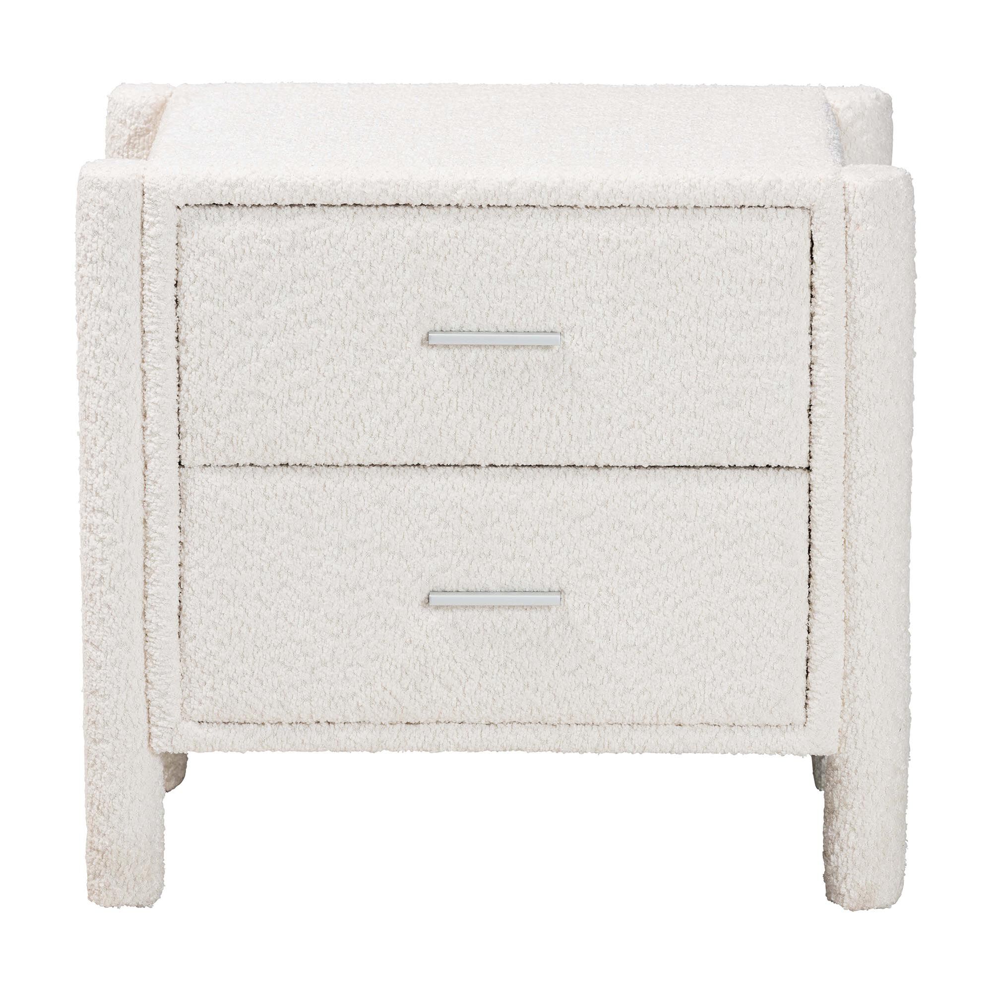 White teddy-bear fabric nightstand with two drawers and silver bar pulls