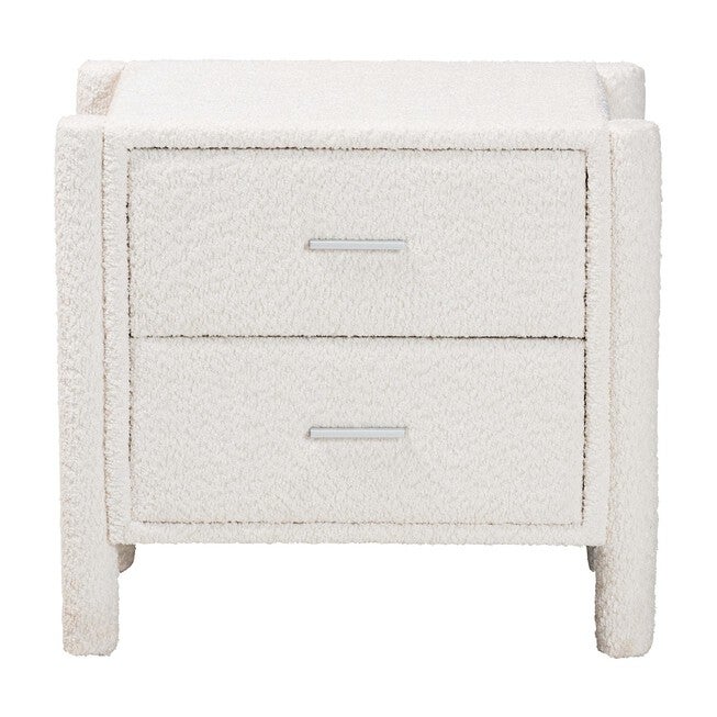 White teddy-bear fabric nightstand with two drawers and silver bar pulls