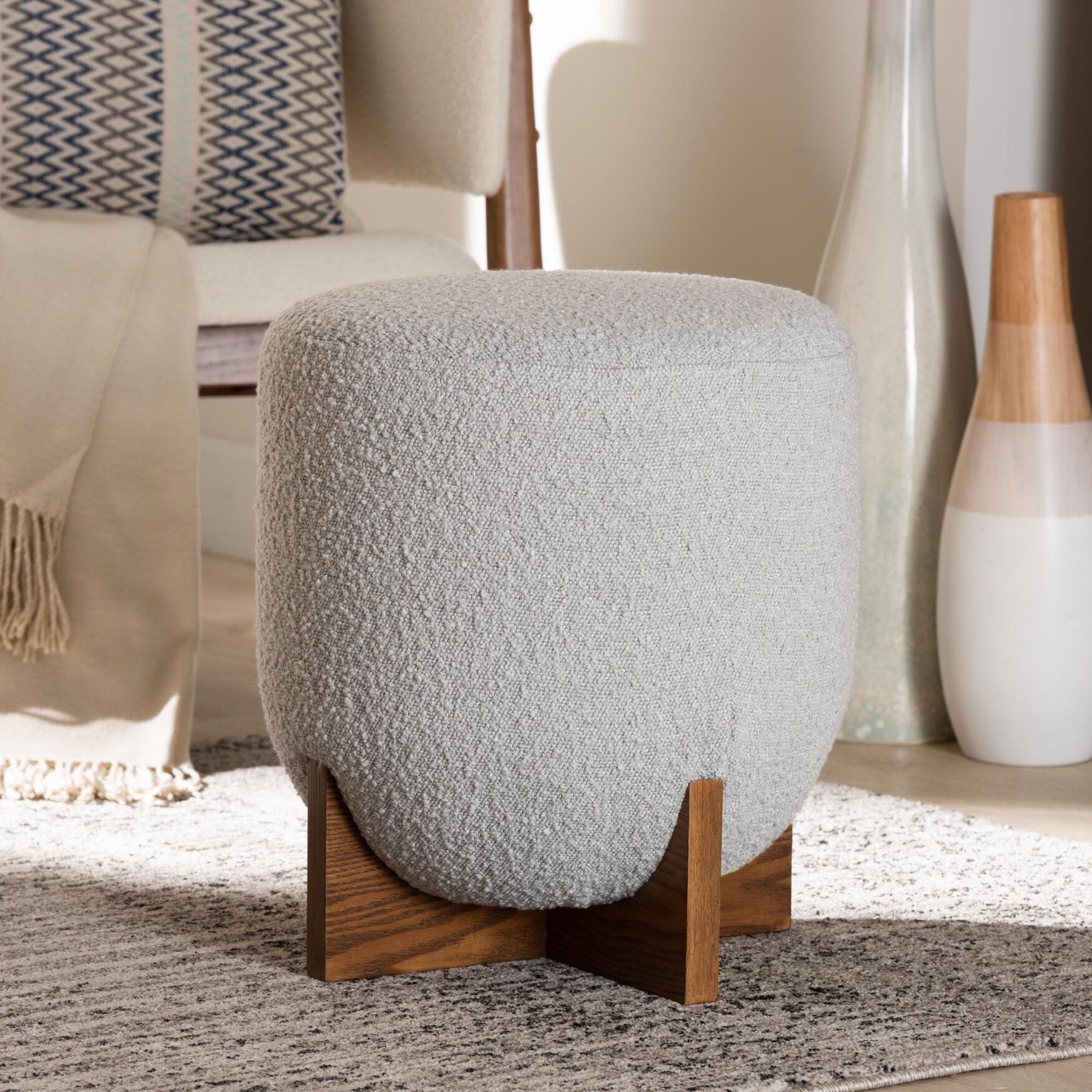 Fisk Japandi Cream Boucle Fabric And Walnut Brown Finished Wood Ottoman Footstool, , alternate image number 10