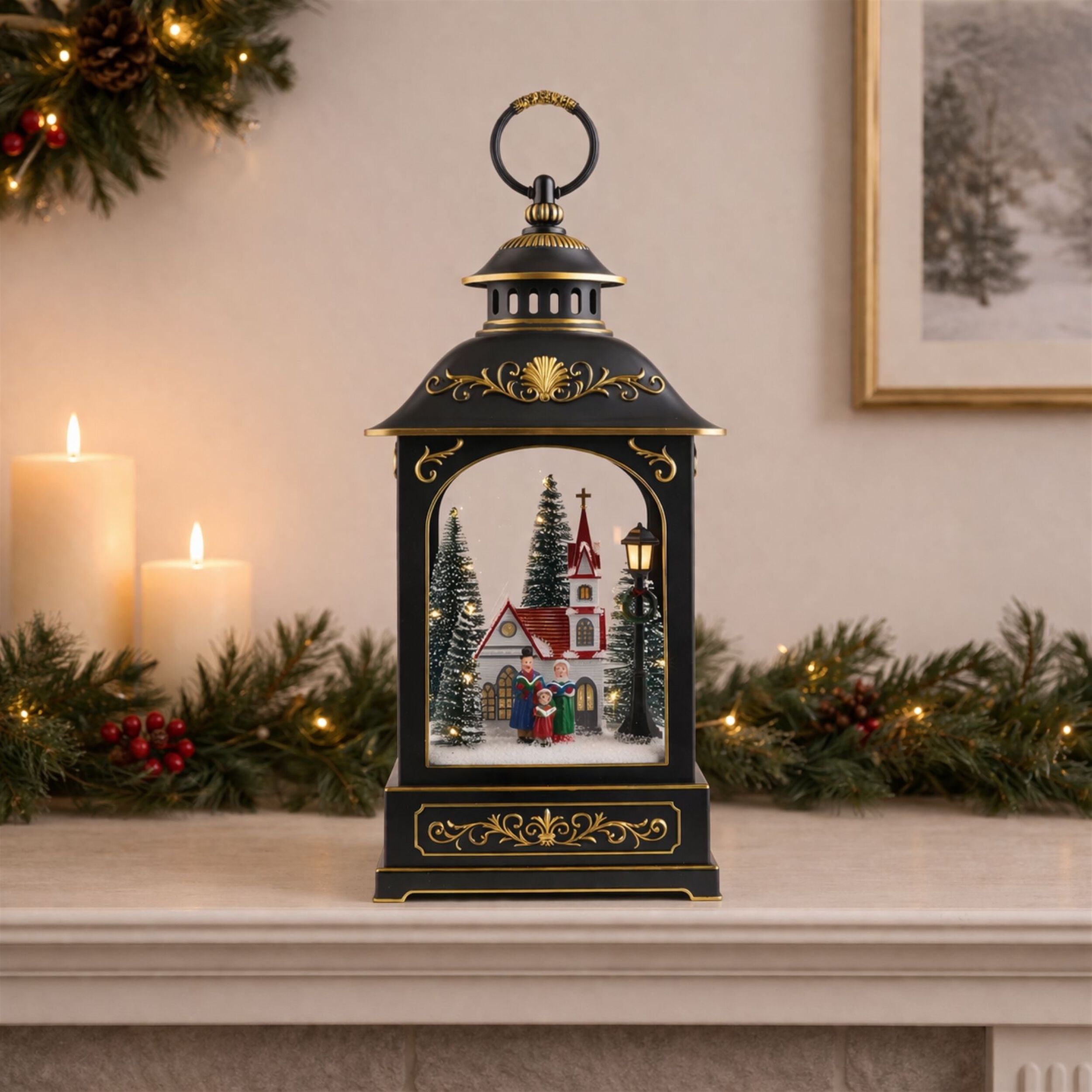 LED Lantern Scene with Church and Carolers 17.5 inchesH, BLACK. GOLD, alternate image number 3