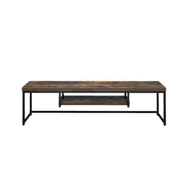 TV stand with wooden top and metal frame