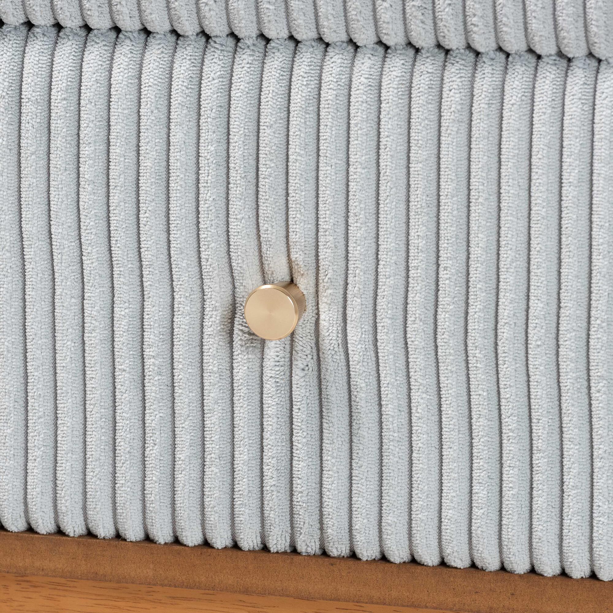 Close-up of the corduroy texture and knob on the nightstand drawer