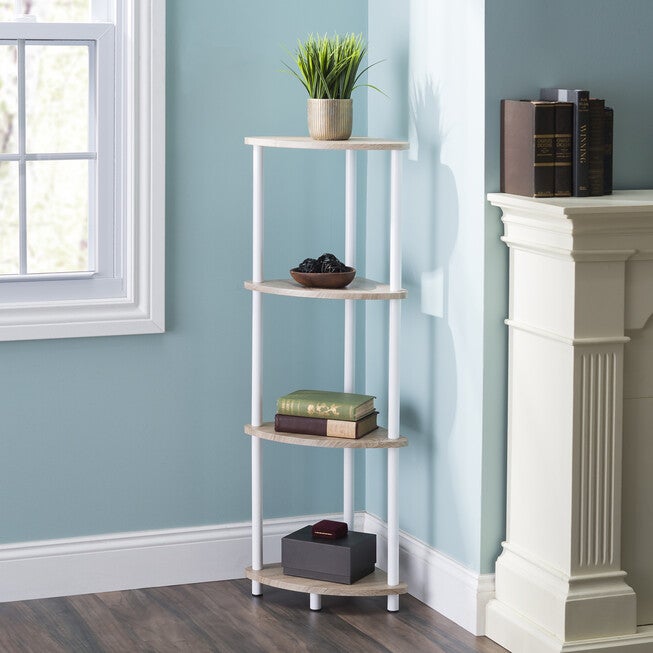 Home Basics Pine Wood 4 Tier Arc Corner Shelf, , alternate image number null