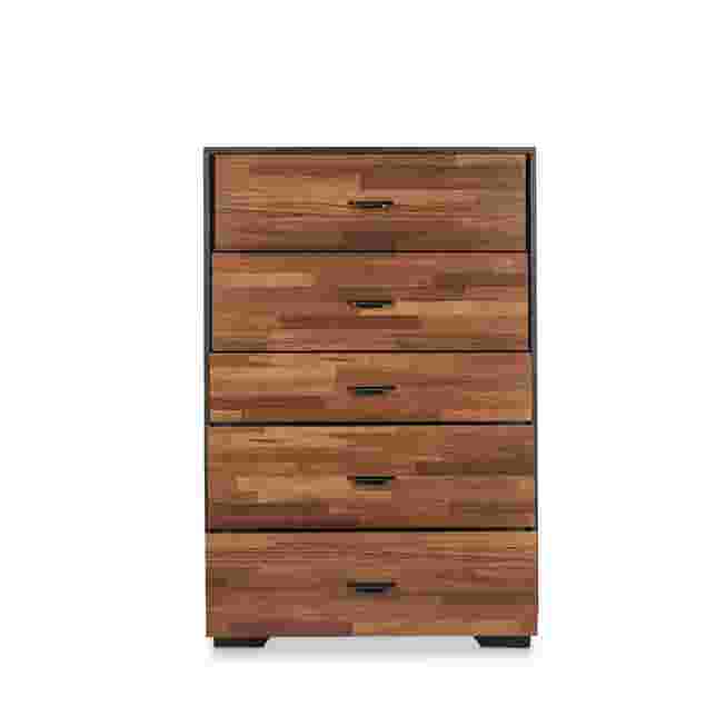 Front view of five-drawer wooden dresser