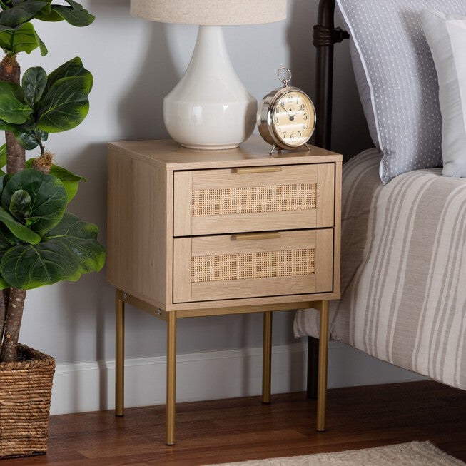 Dewitt Japandi Light Brown Finished Wood And Gold Metal 2-Drawer End Table, , alternate image number null