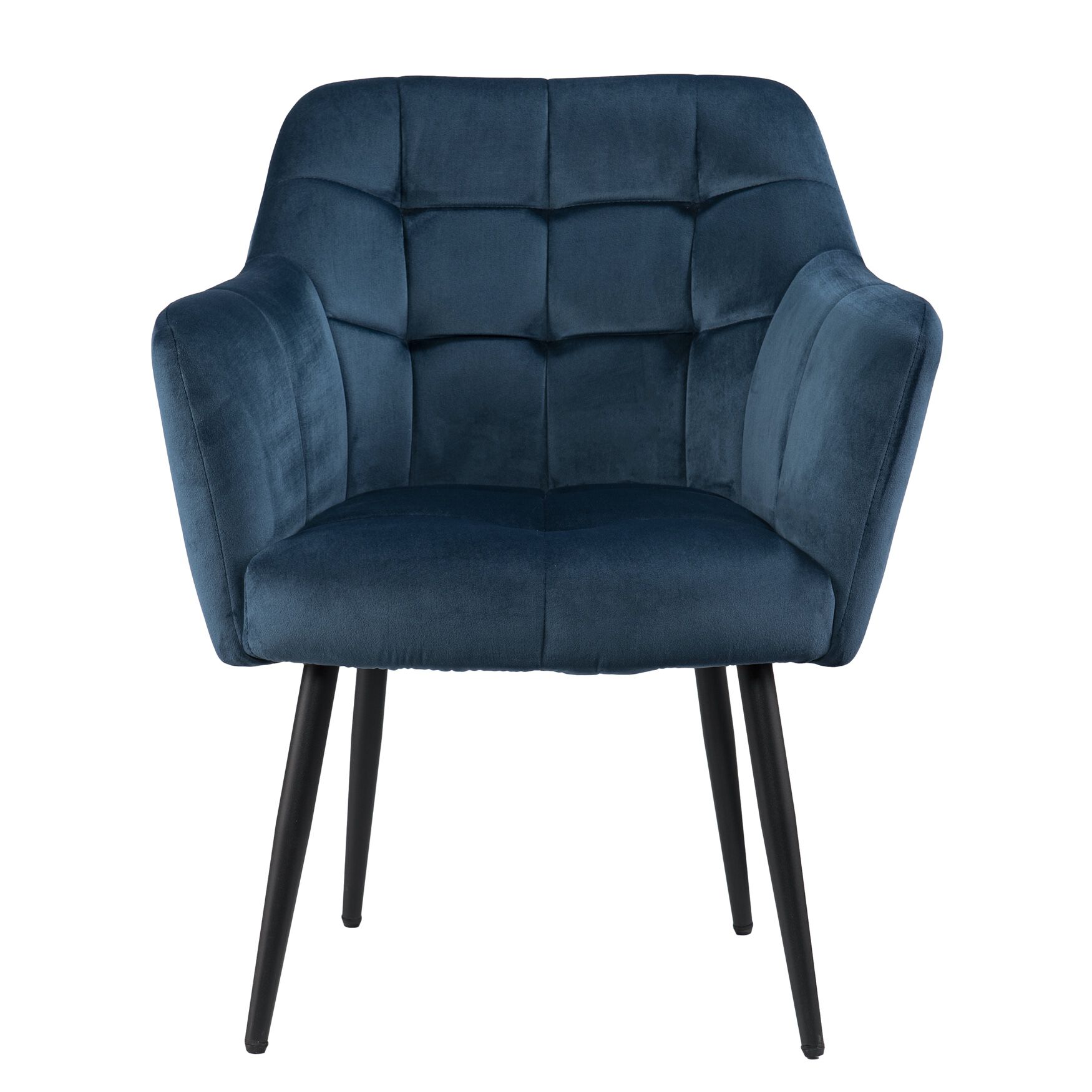 Small view of blue upholstered tufted accent chair with dark tapered legs