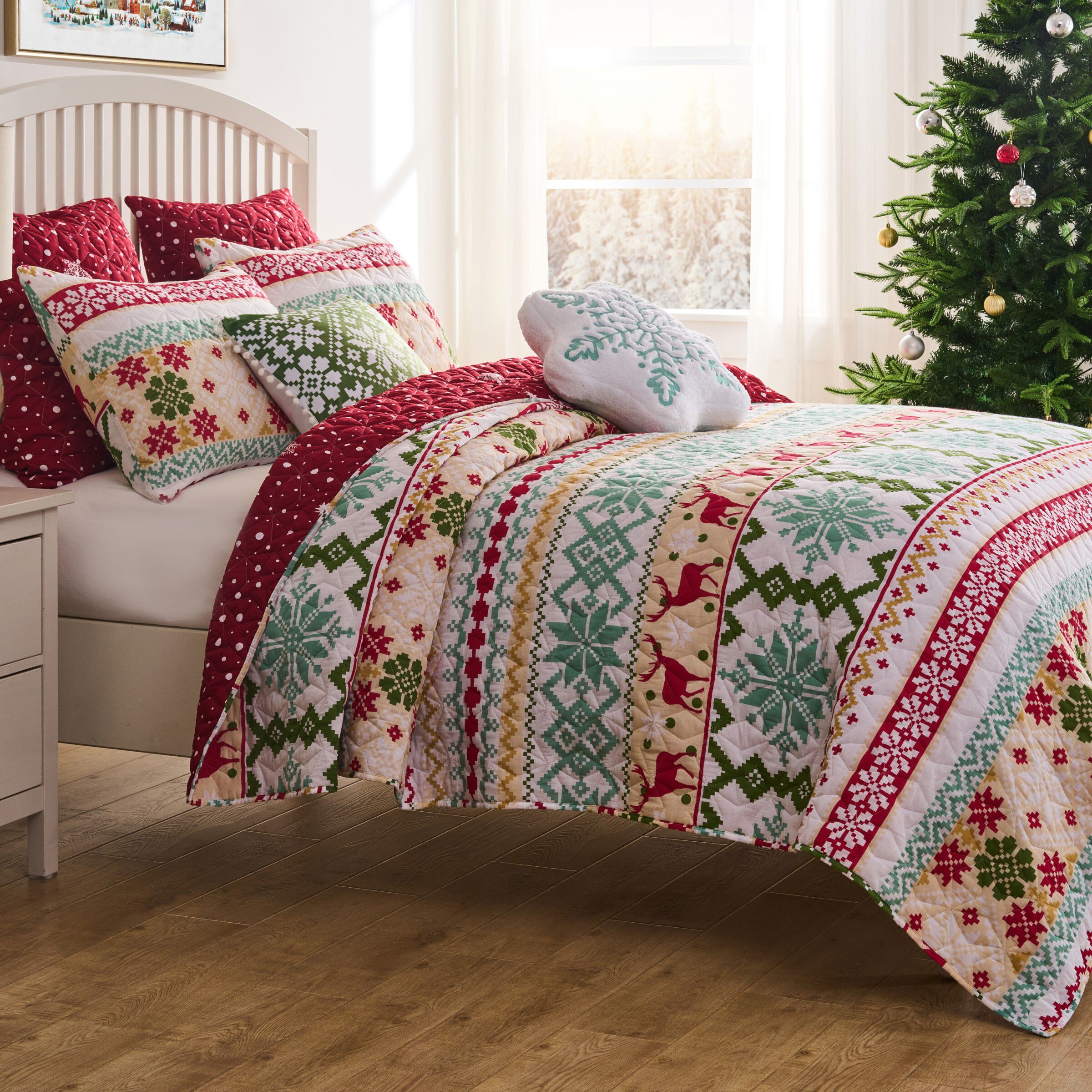 Fair Isle Festive Winter Holiday Finely Stitched Quilt Set, SNOW, hi-res image number 0