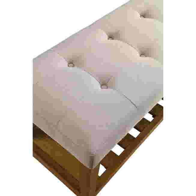 Bench seating with light grey upholstered panels and wooden slatted base.