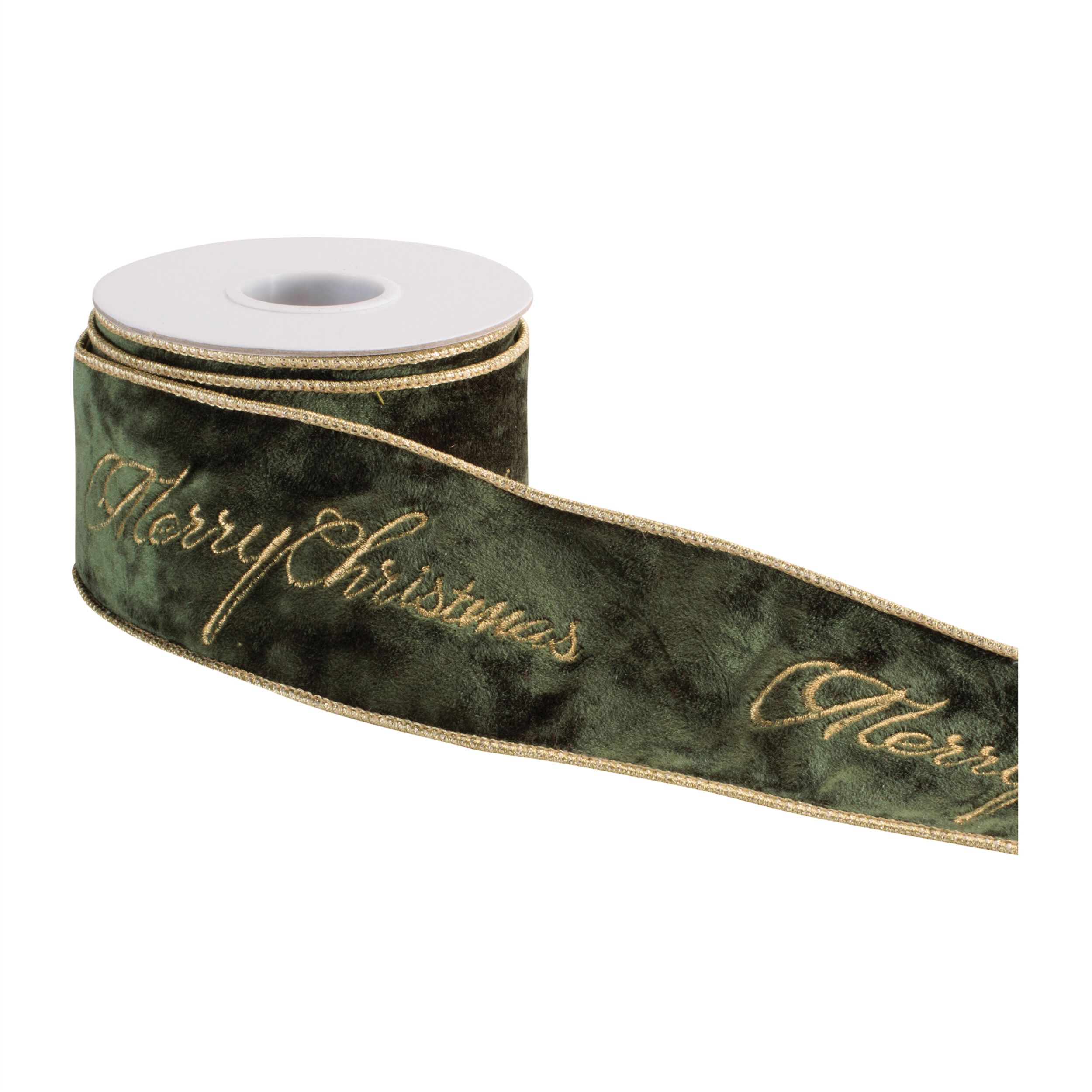 &ldquo;Merry Christmas" Velvet Wired Ribbon 2.5 inches x 5 Yds., GREEN GOLD, alternate image number 1