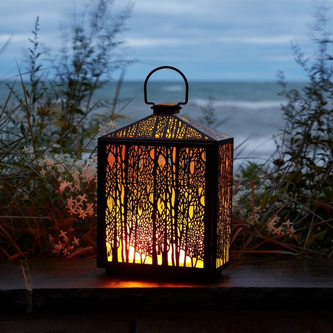 Forest Cut Metal Lantern with Gold Accent 16 inchesH, BLACK/GOLD, alternate image number null