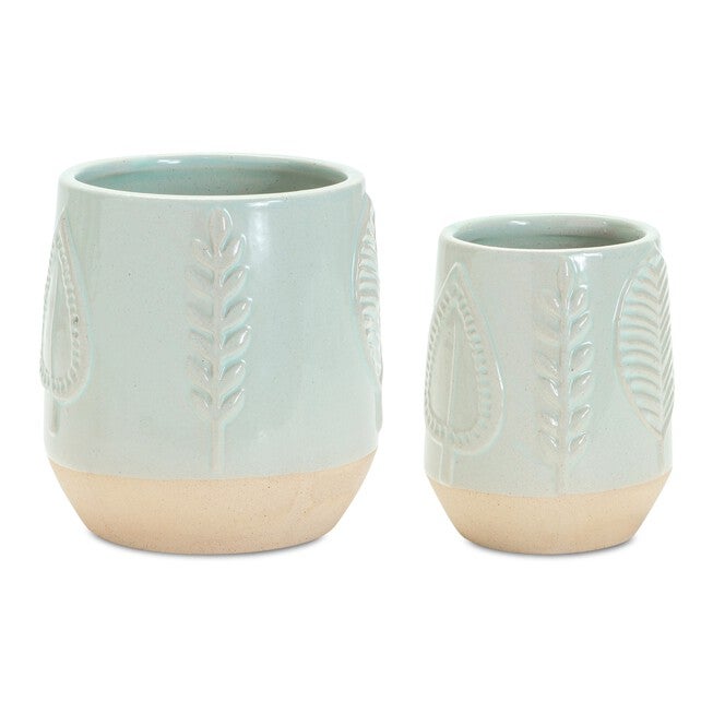 Two-Tone Porcealin Planter with Leaf Design (Set of 2), GREEN/TAN, alternate image number null