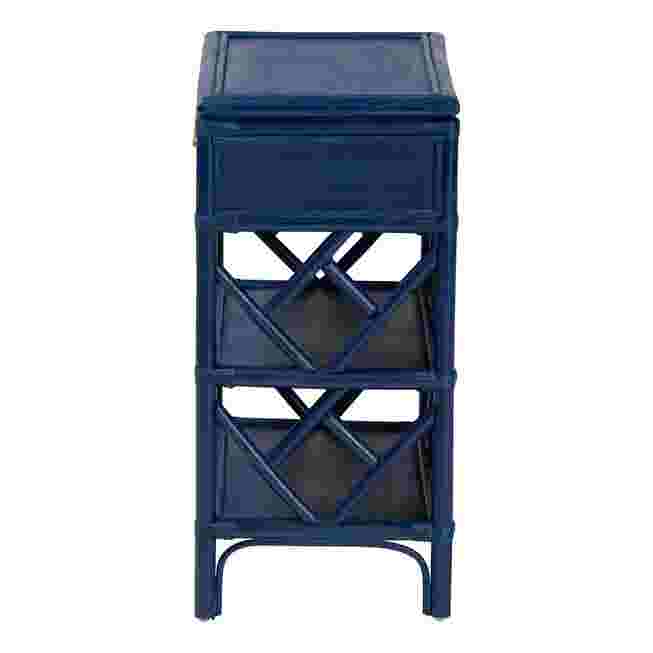 White rattan nightstand side view with woven panel details