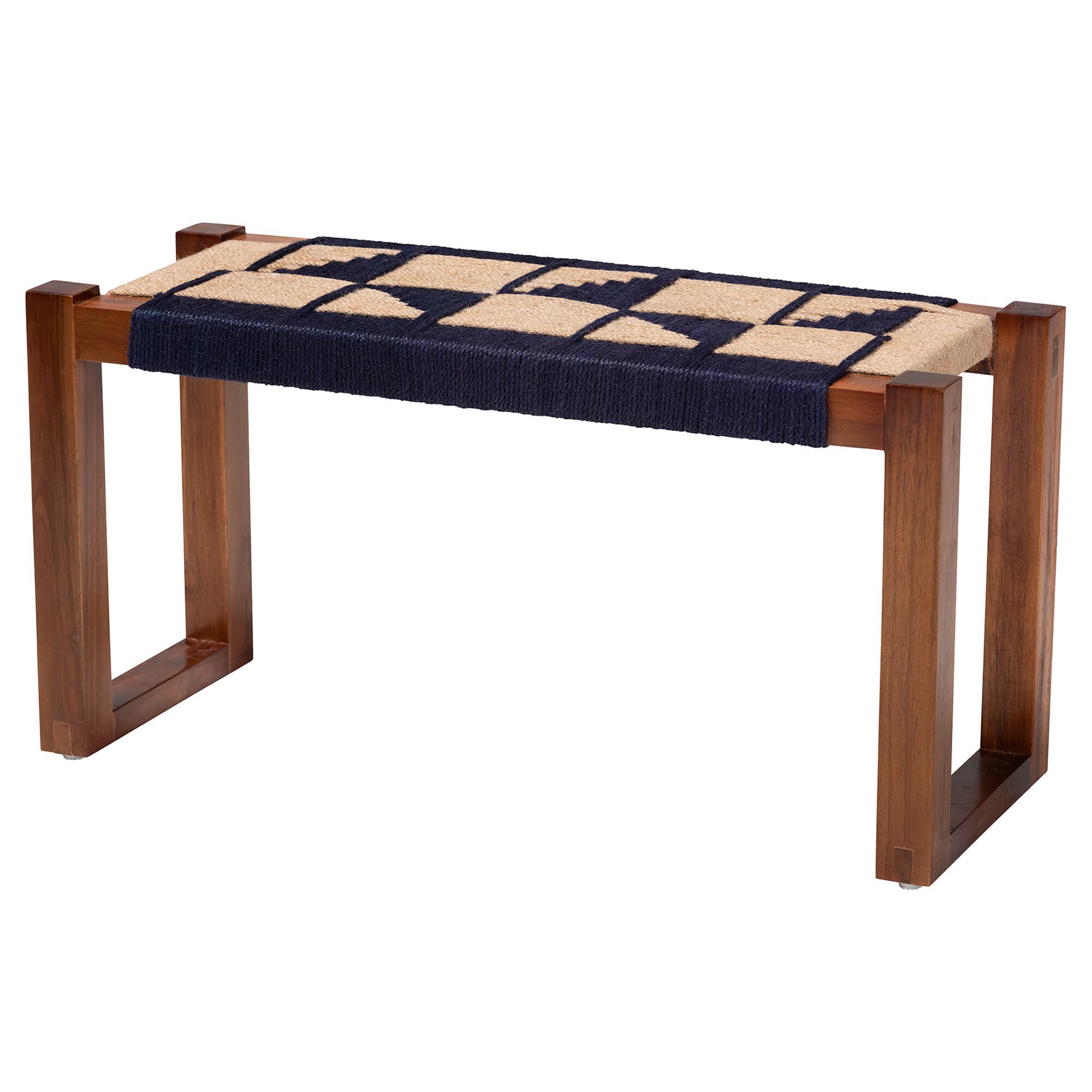 Jerilyn Modern Bohemian Two-Tone Navy Blue and Natura Brown Seagrass and Acacia Wood Accent Bench, BLUE, alternate image number 2