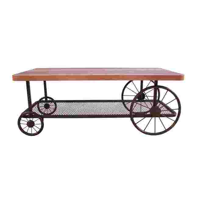 Coffee table with wooden top and metal frame side angle