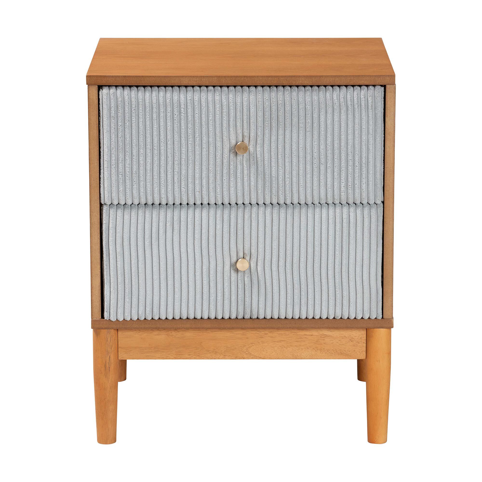 Grey corduroy nightstand with oak wood frame