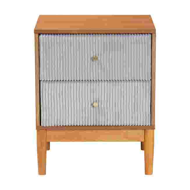 Grey corduroy nightstand with oak wood frame