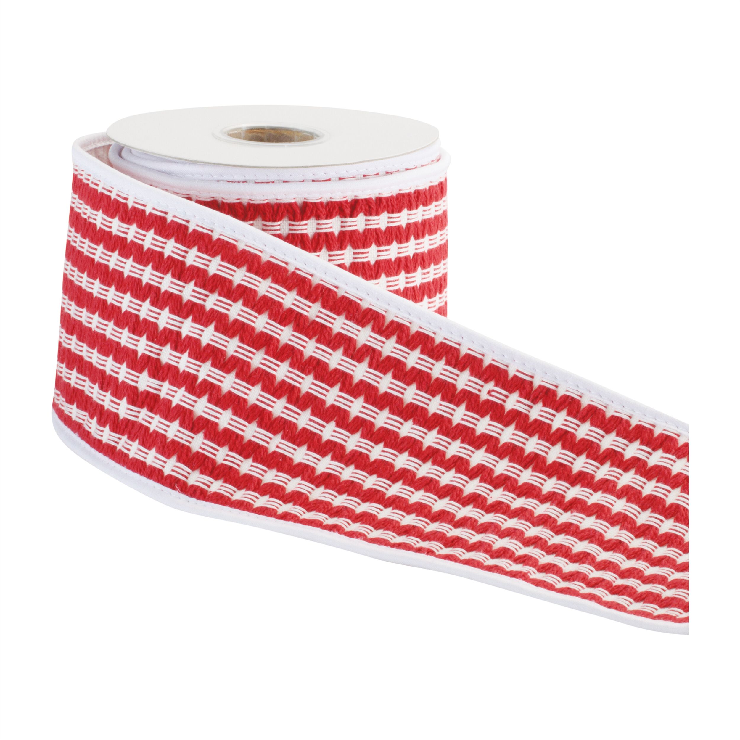 Woven Stripe Wired Cotton Ribbon 4 inches x 5 Yds., RED WHITE, alternate image number 1