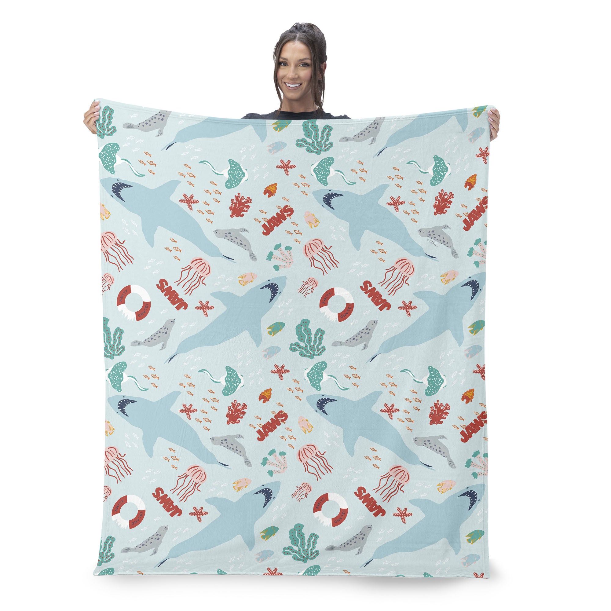 Jaws Coastal Sharks Silk Touch Sherpa Throw Blanket 50x60 inches, COASTAL, on-hover image number 1