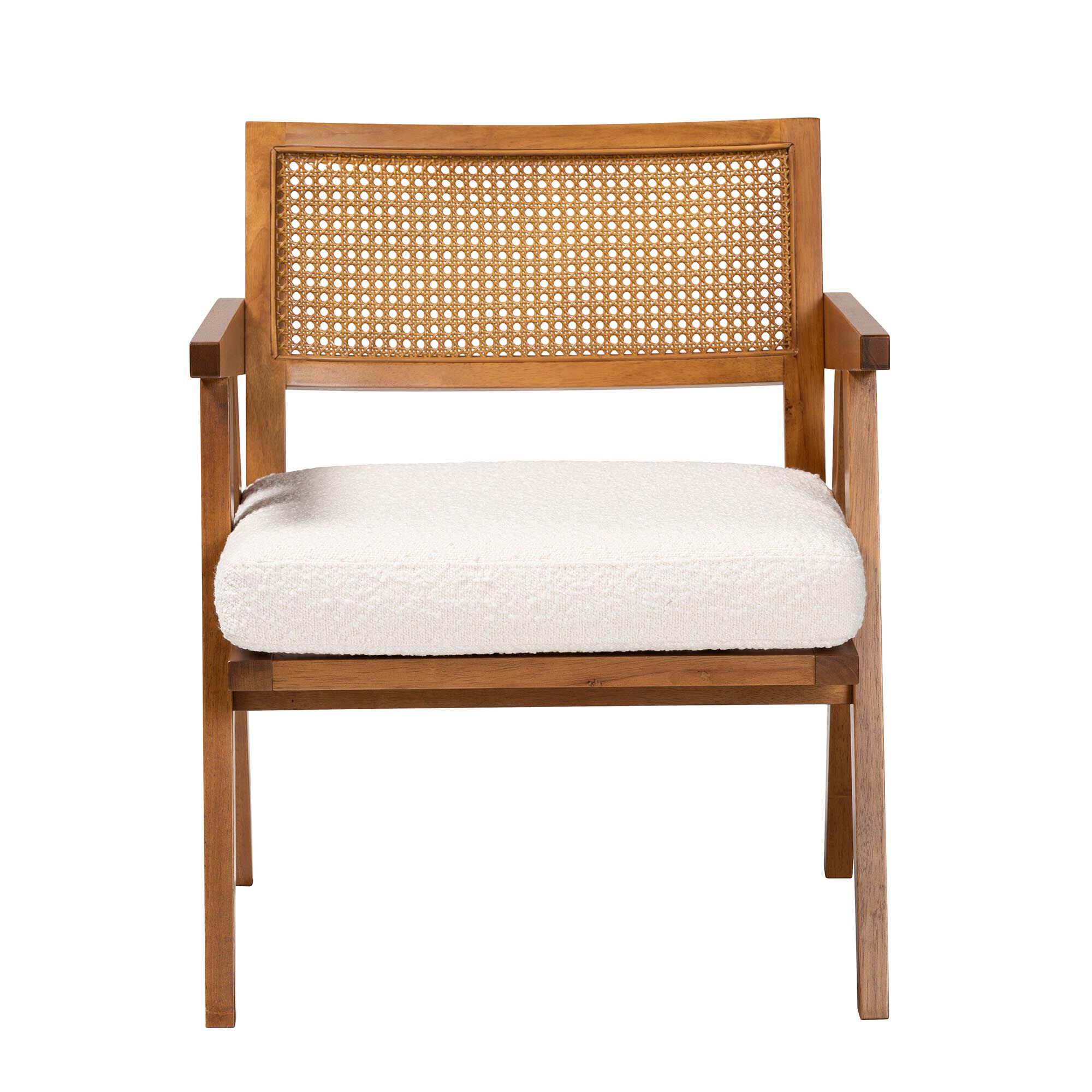 Front view of wooden armchair with woven back and white cushion