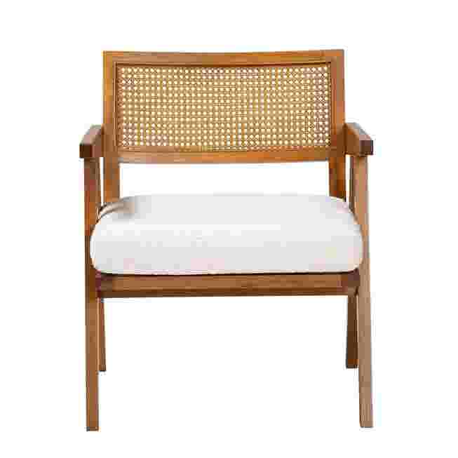Front view of wooden armchair with woven back and white cushion