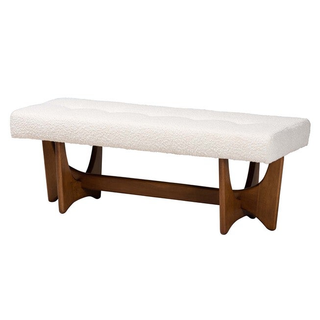 Theo Japandi Cream Boucle Fabric And Walnut Brown Finished Wood Bench, CREAM WALNUT BROWN, hi-res image number null