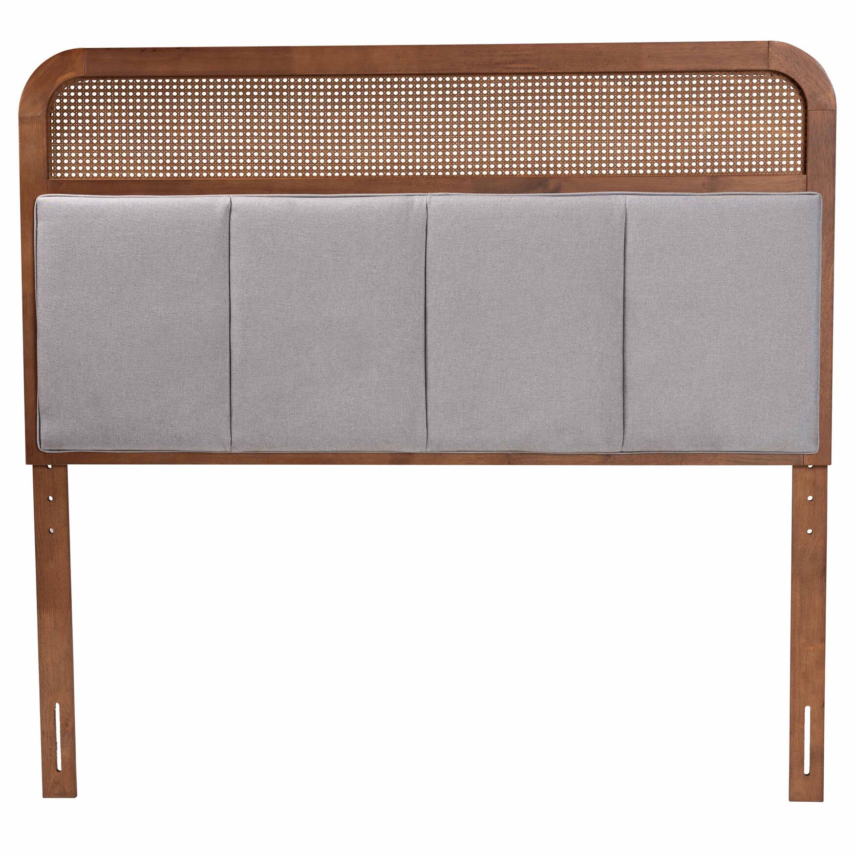 Esti Mid-Century Modern Light Grey Fabric And Ash Walnut Finished Wood King Size Headboard With Rattan, , on-hover image number 1