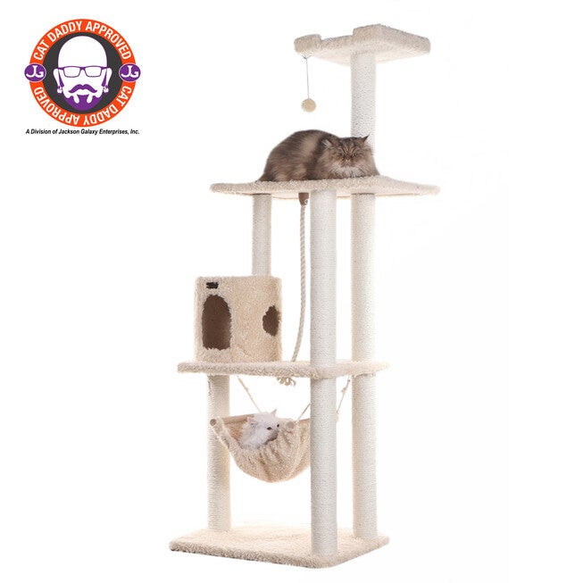 Real Wood 70 inches Ultra Thick Faux Fur Covered Cat Condo House, BEIGE, hi-res image number 0