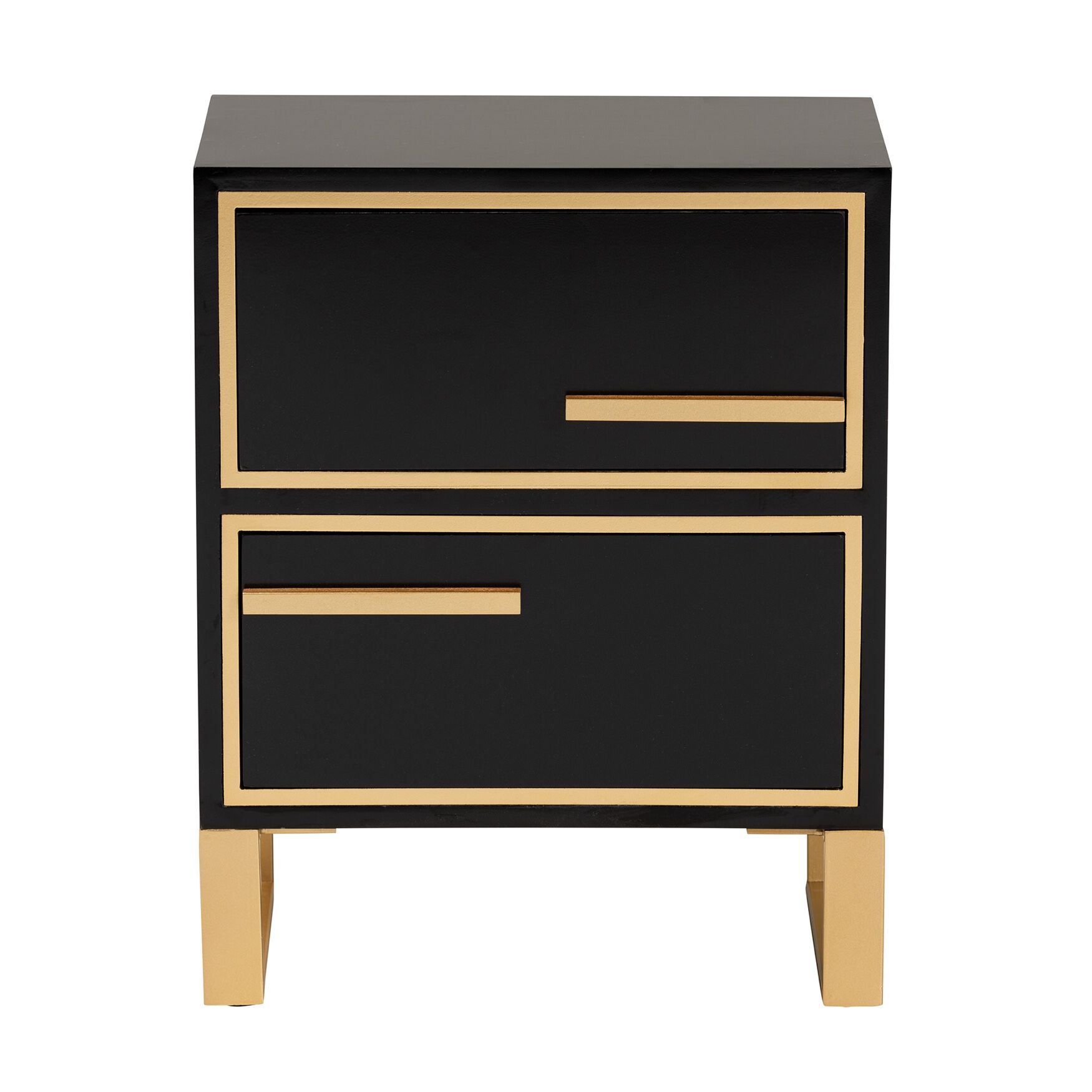 Front view of black nightstand with gold trim and two drawers