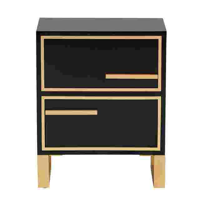 Front view of black nightstand with gold trim and two drawers
