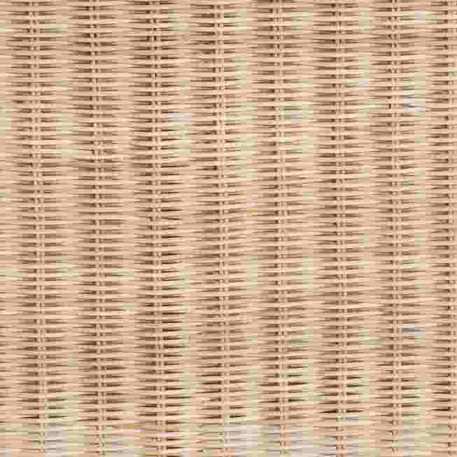 Close-up of the woven rattan texture on the coffee table's surface.