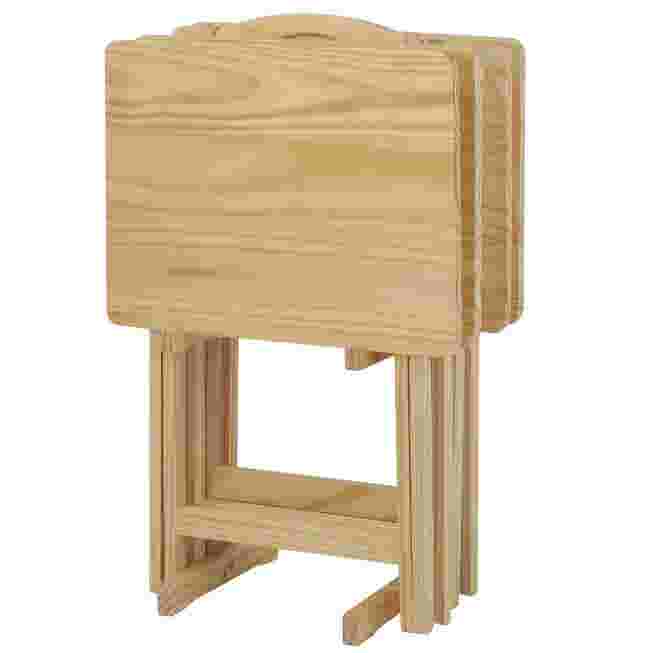 Side view of folded height-adjustable tray table