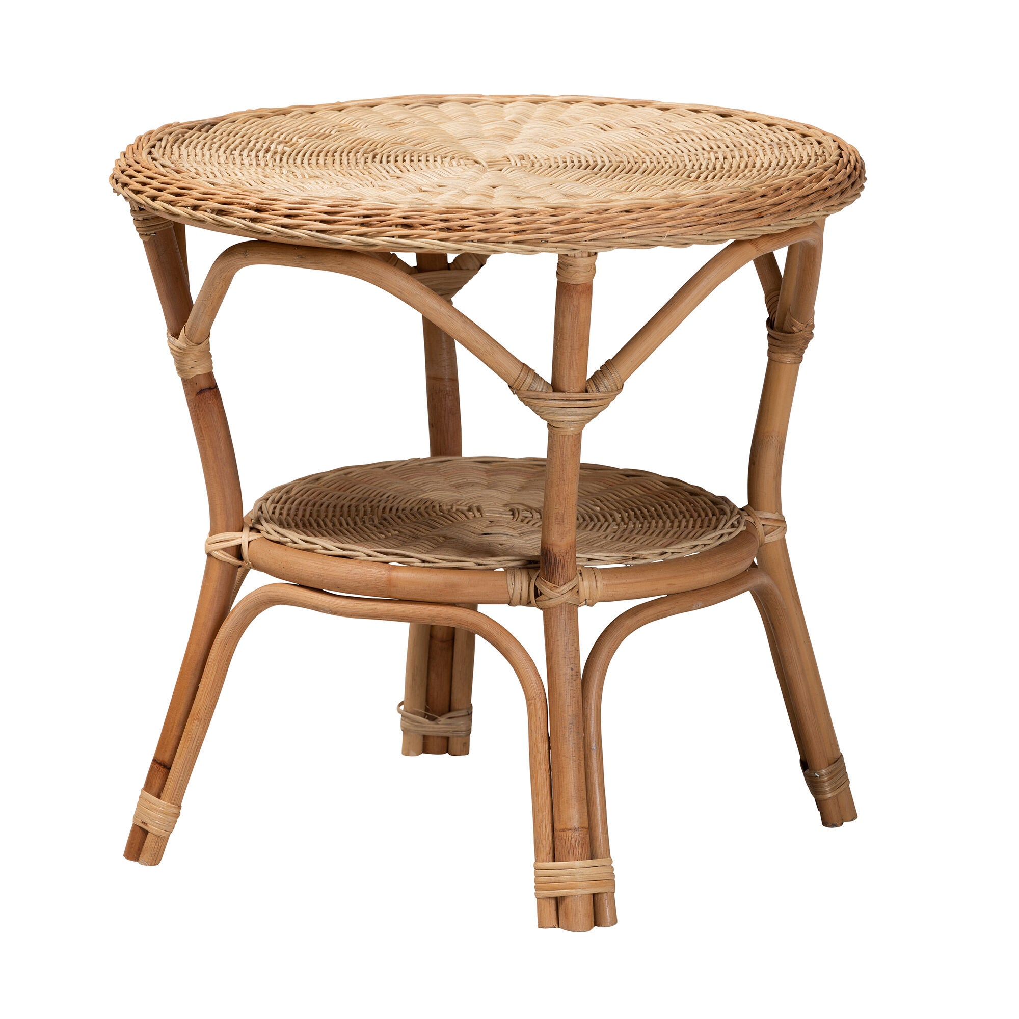 Natural rattan coffee table angled view with woven top and shelf