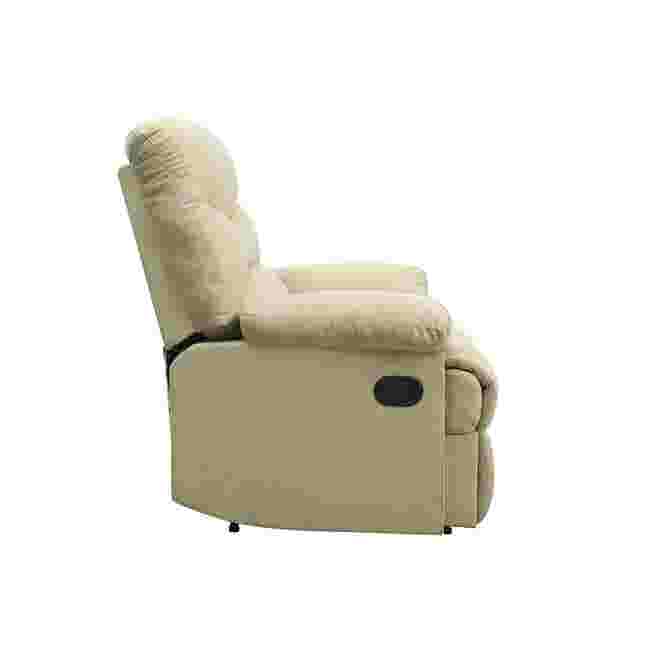 Side view of beige recliner with lever