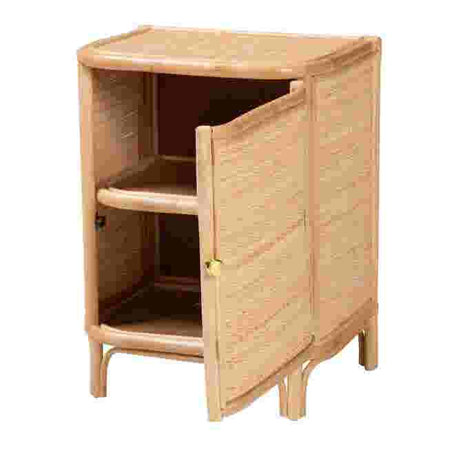 Rattan nightstand with open door, showing interior shelves.