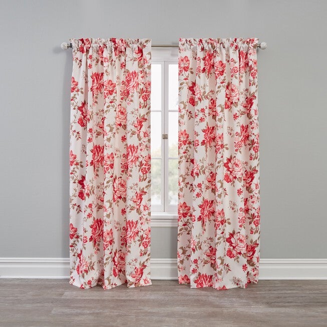Floral Check Blackout Rod-Pocket Panel, ROSE TAN, hi-res image number 0