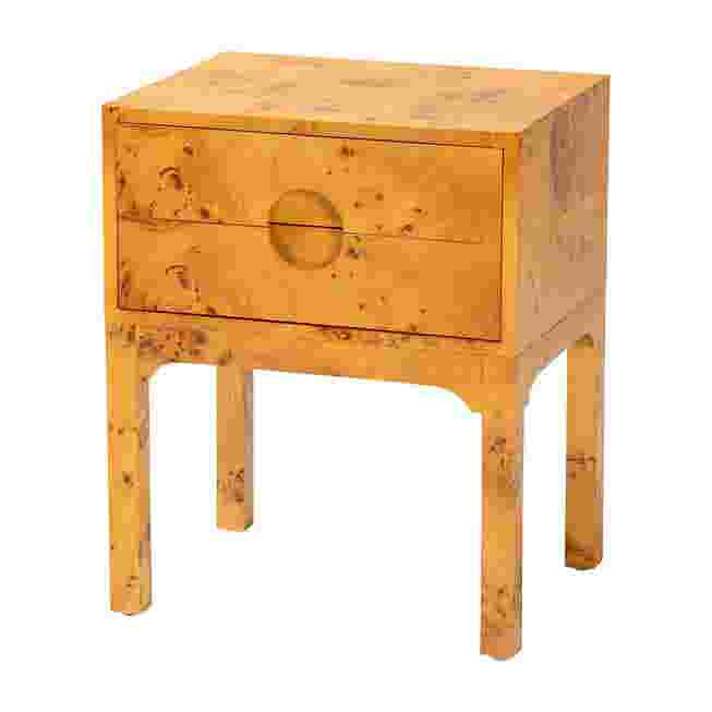 Natural light mappa burl wood nightstand with a single drawer and curved legs.