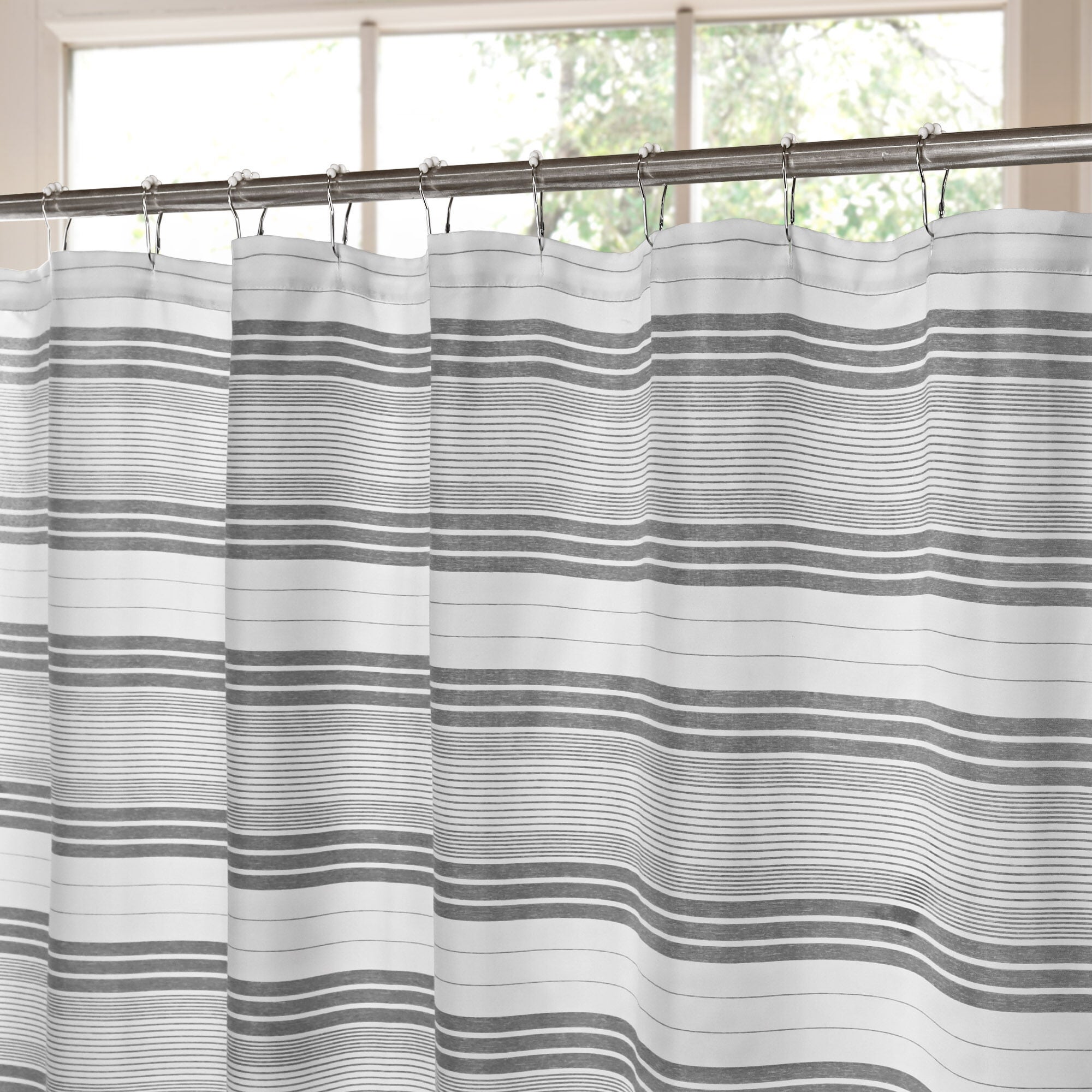 Horizontal Beach Stripe Water Repellent Shower Curtain, HEATHERED GREY, alternate image number 1