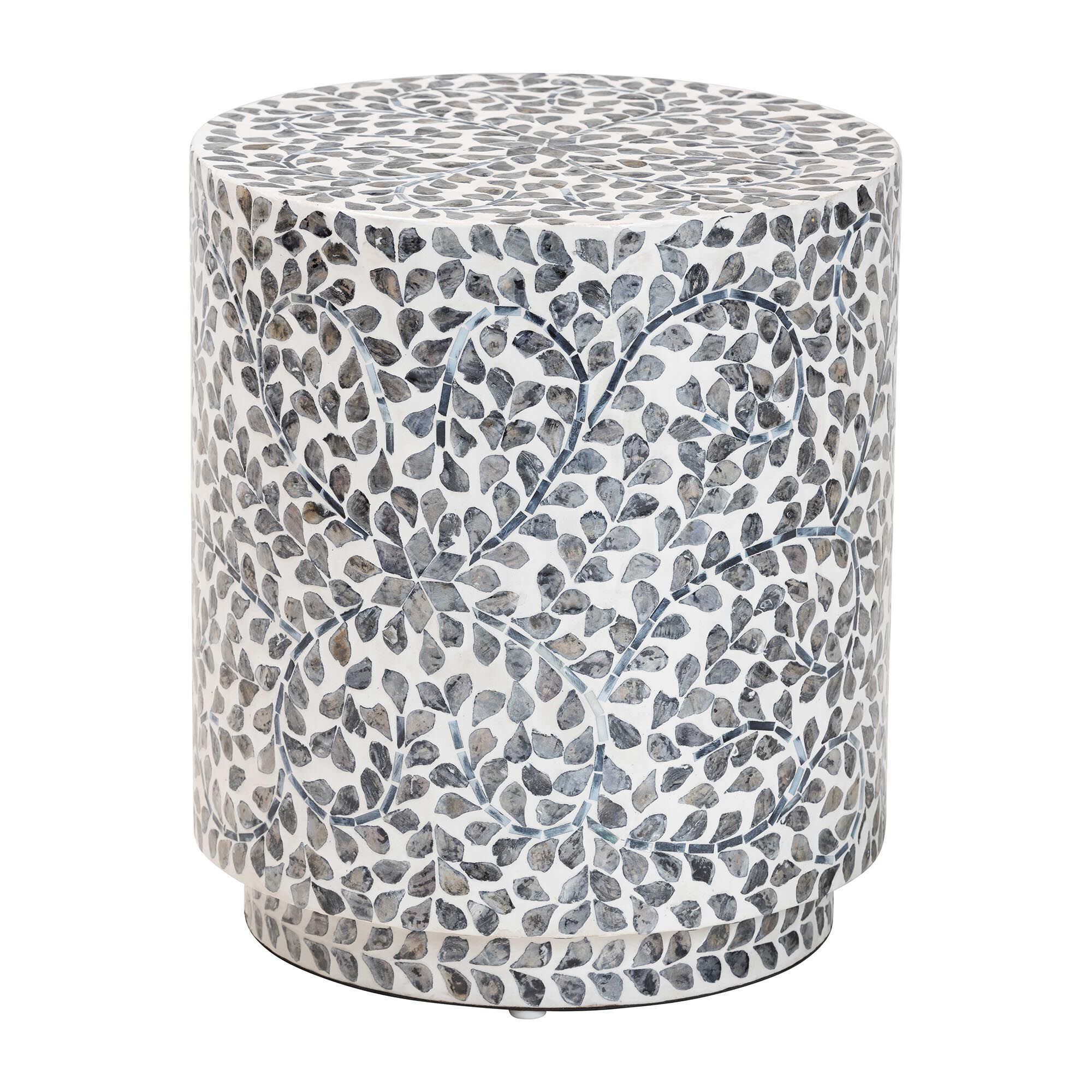 Marilla Coastal Black and White Mother of Pearl Capiz Shell Ottoman Footstool, BLACK, alternate image number 1