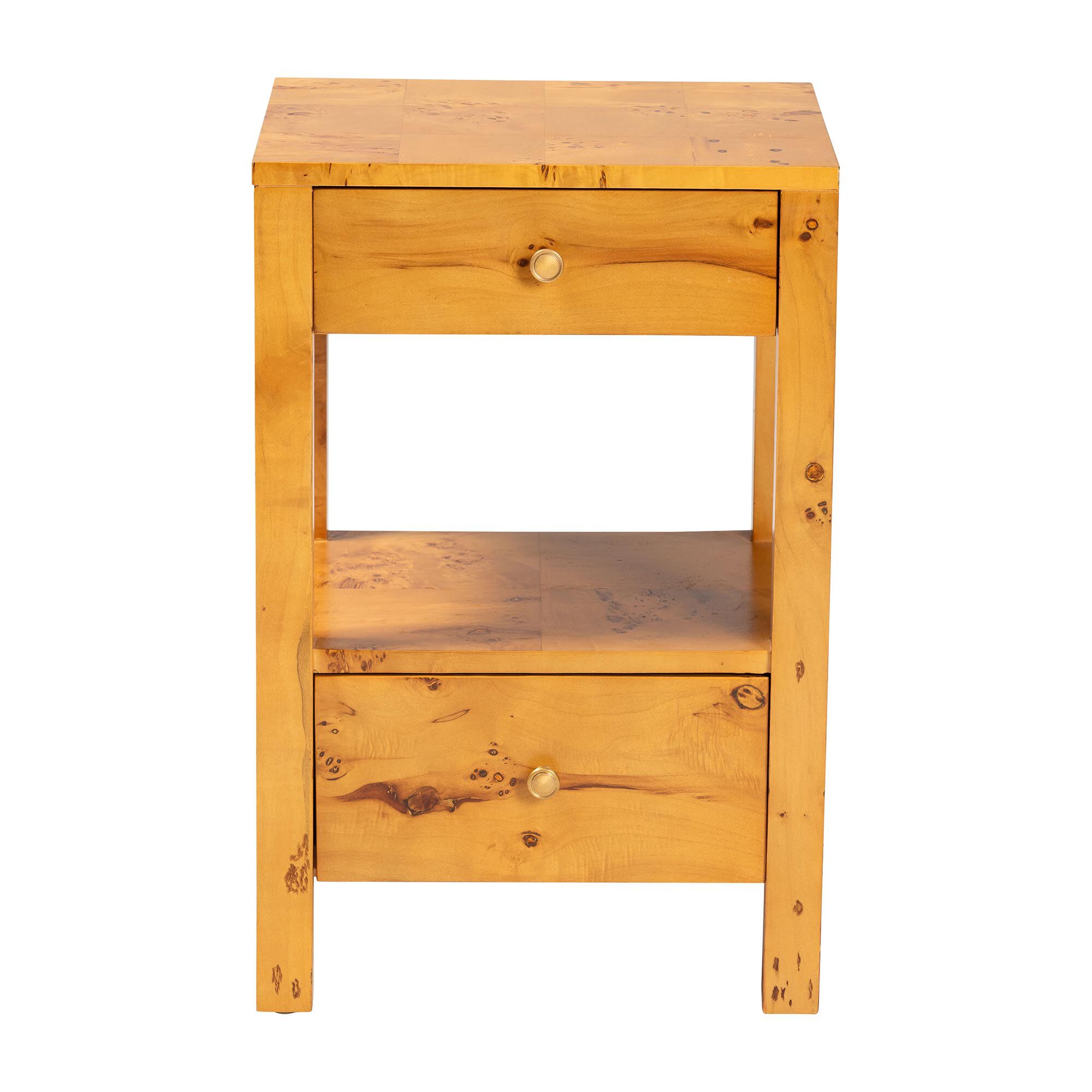 A wooden nightstand with two drawers and a shelf, shown against a white background.