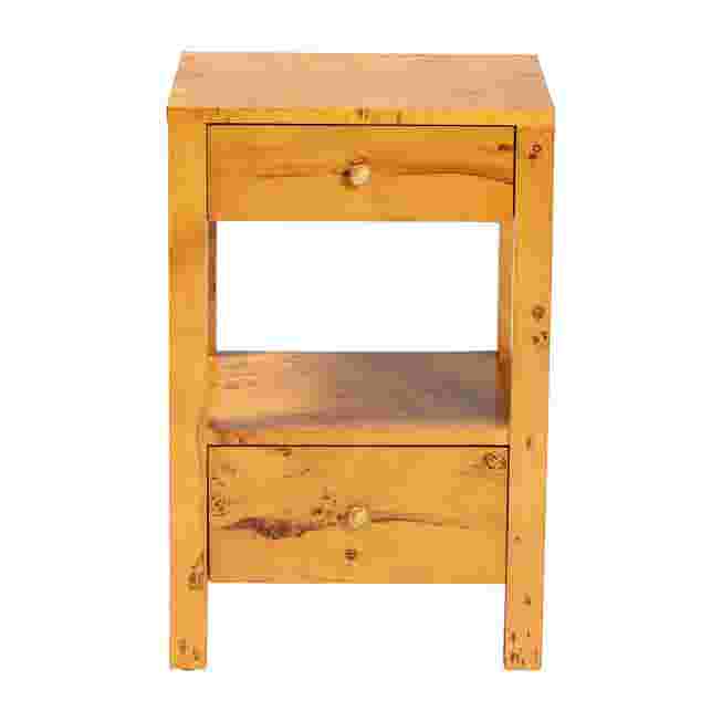 A wooden nightstand with two drawers and a shelf, shown against a white background.