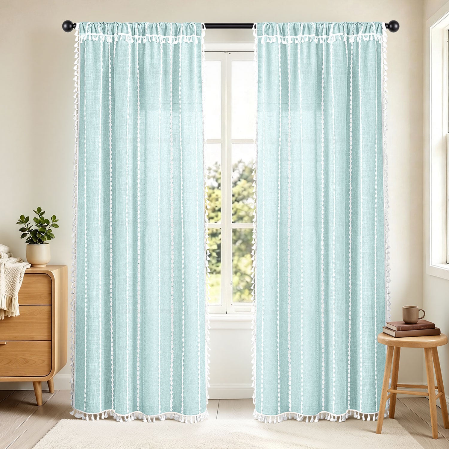 Boho Tassel Light Filtering Curtain Pair, LIGHT BLUE, hi-res image number 0